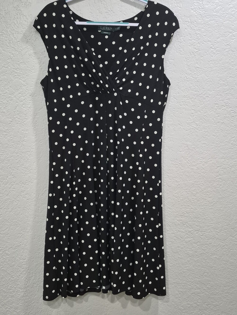 Lauren Ralph Lauren Polka Dot Faux Wrap Midi Dress Black White Stretch Work Size